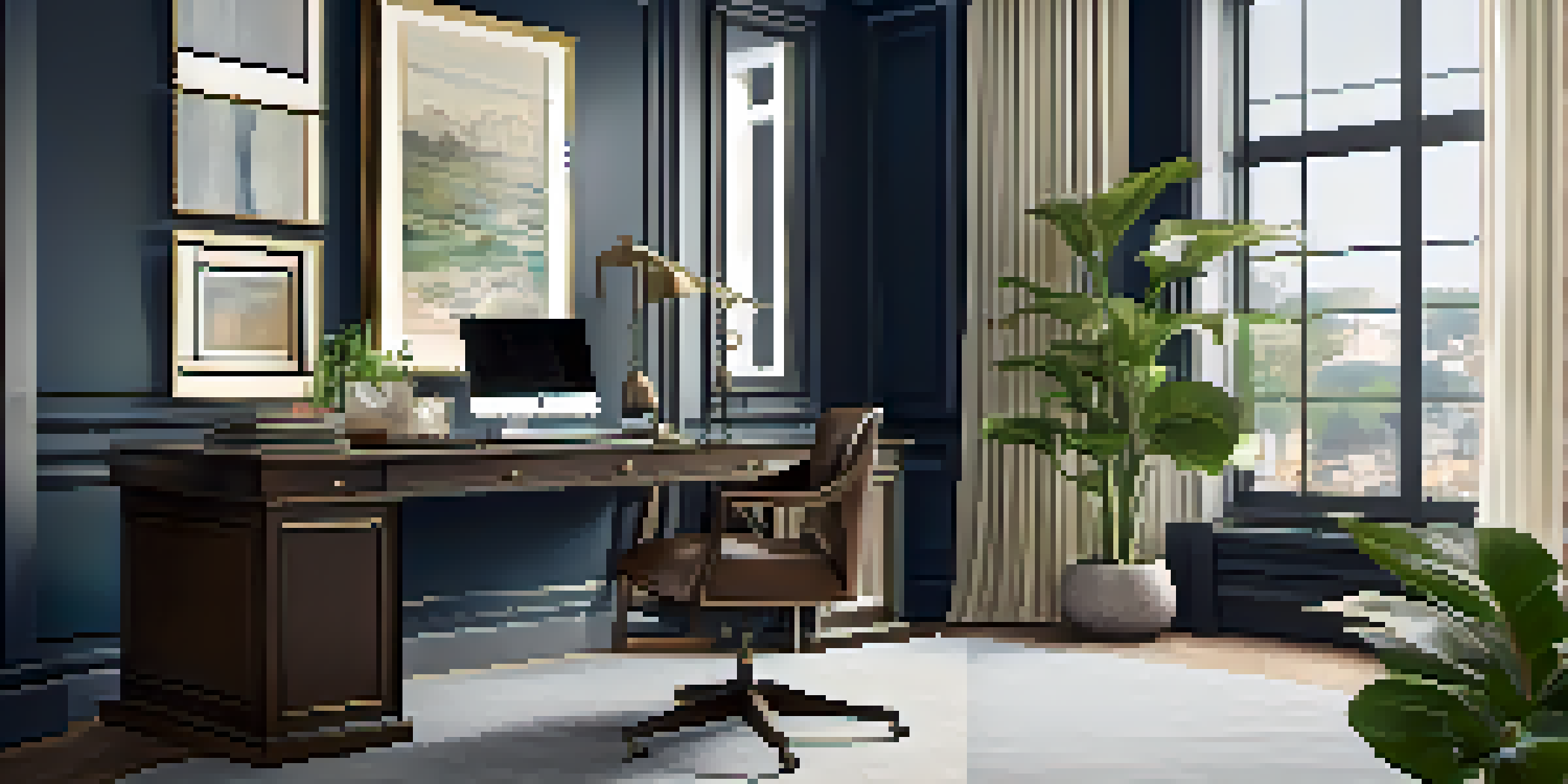 A stylish home office with a dark wood desk, ergonomic leather chair, large windows letting in natural light, and plants for decoration.