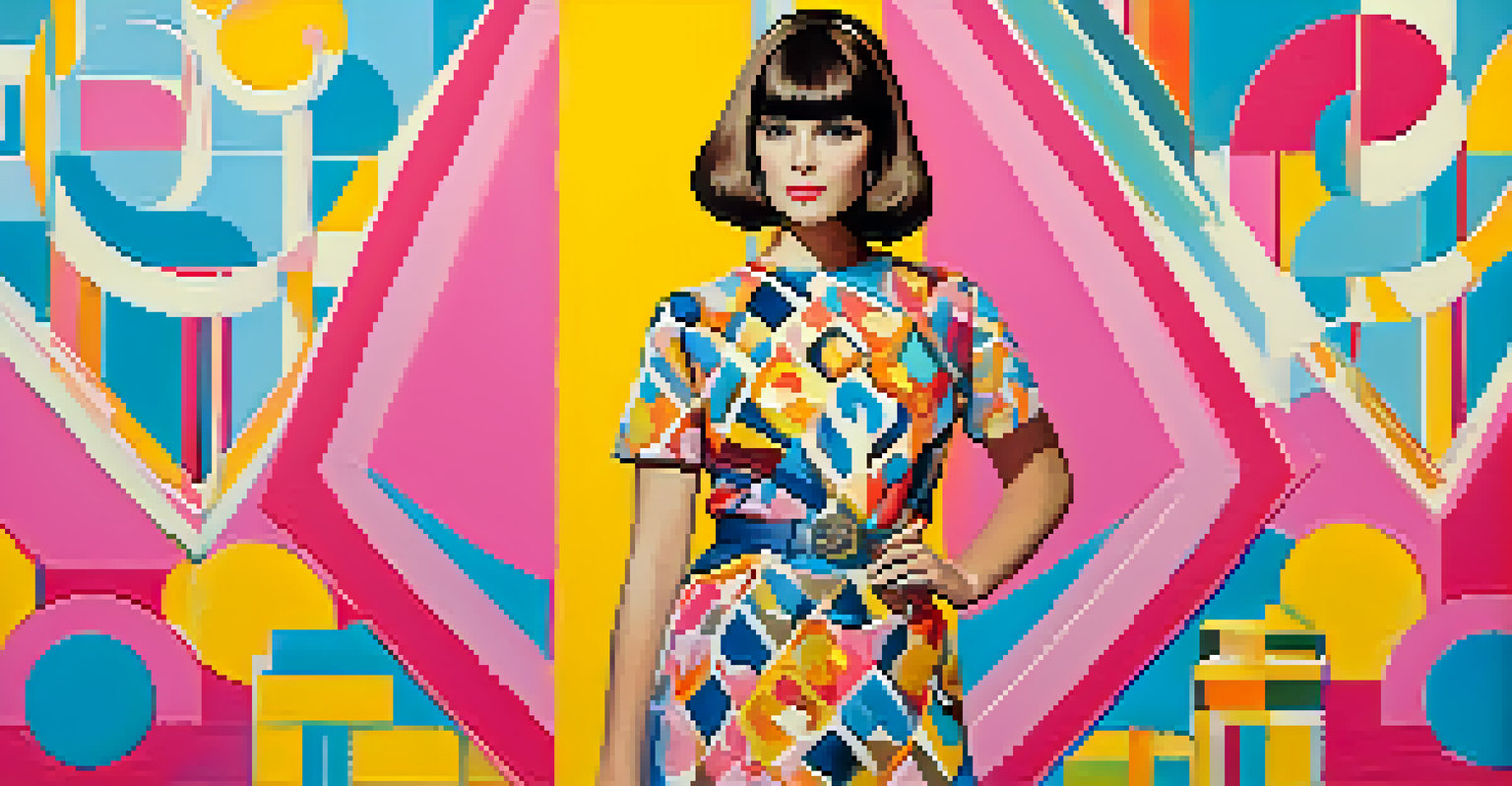 A woman in a colorful miniskirt and mod top stands in front of a retro patterned backdrop, embodying 1960s fashion with bold colors.