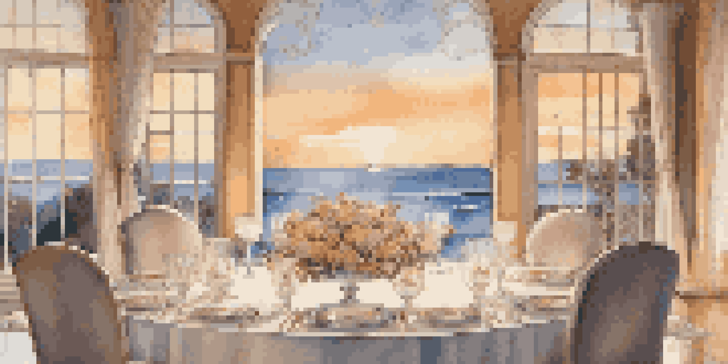 An elegantly set dining table with fine china and crystal glassware, illuminated by soft lighting with a sunset view in the background.