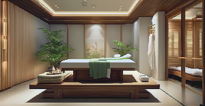 A peaceful luxury spa treatment room with soft lighting, a comfortable treatment bed, and natural decor.