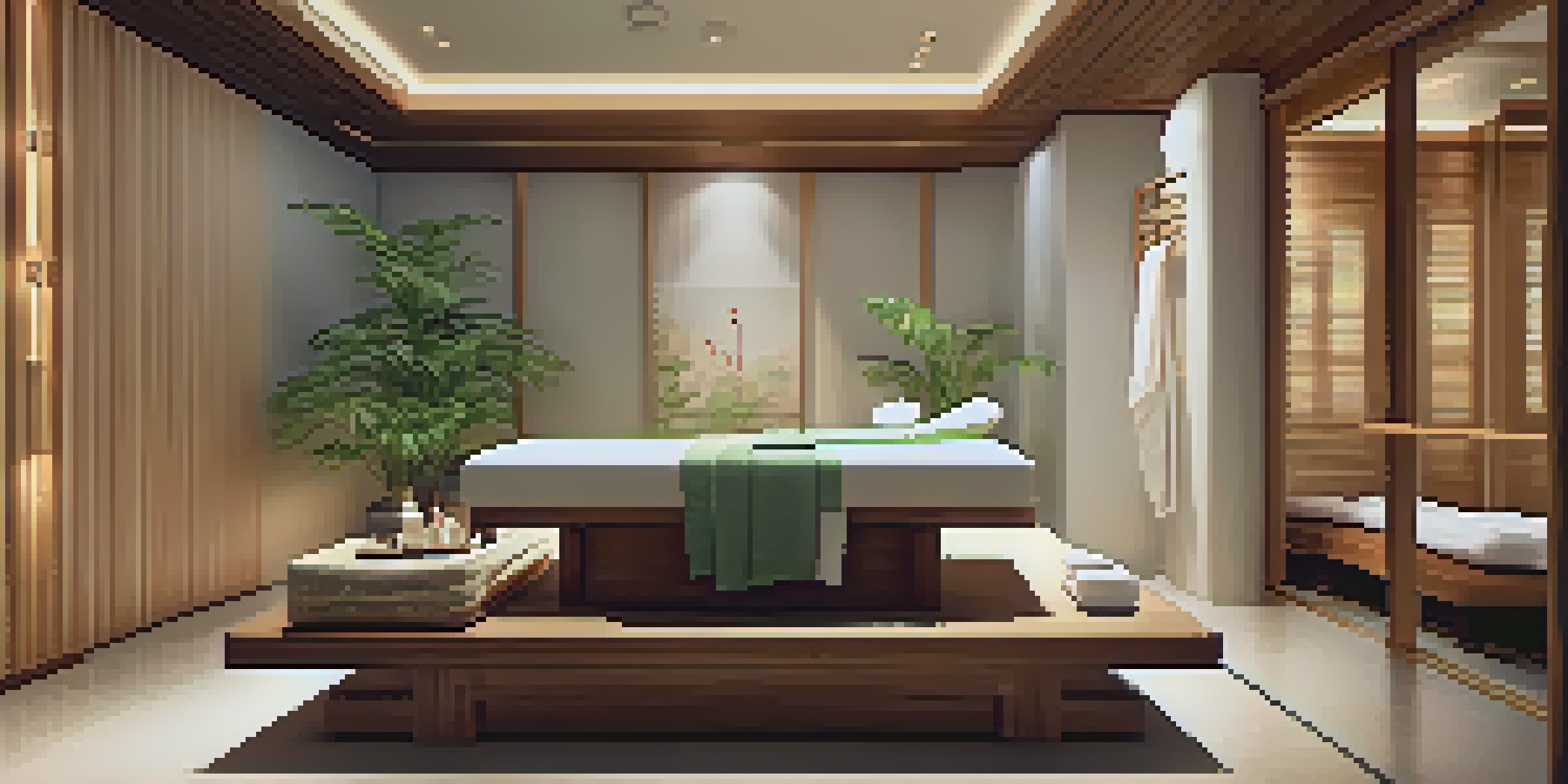 A peaceful luxury spa treatment room with soft lighting, a comfortable treatment bed, and natural decor.
