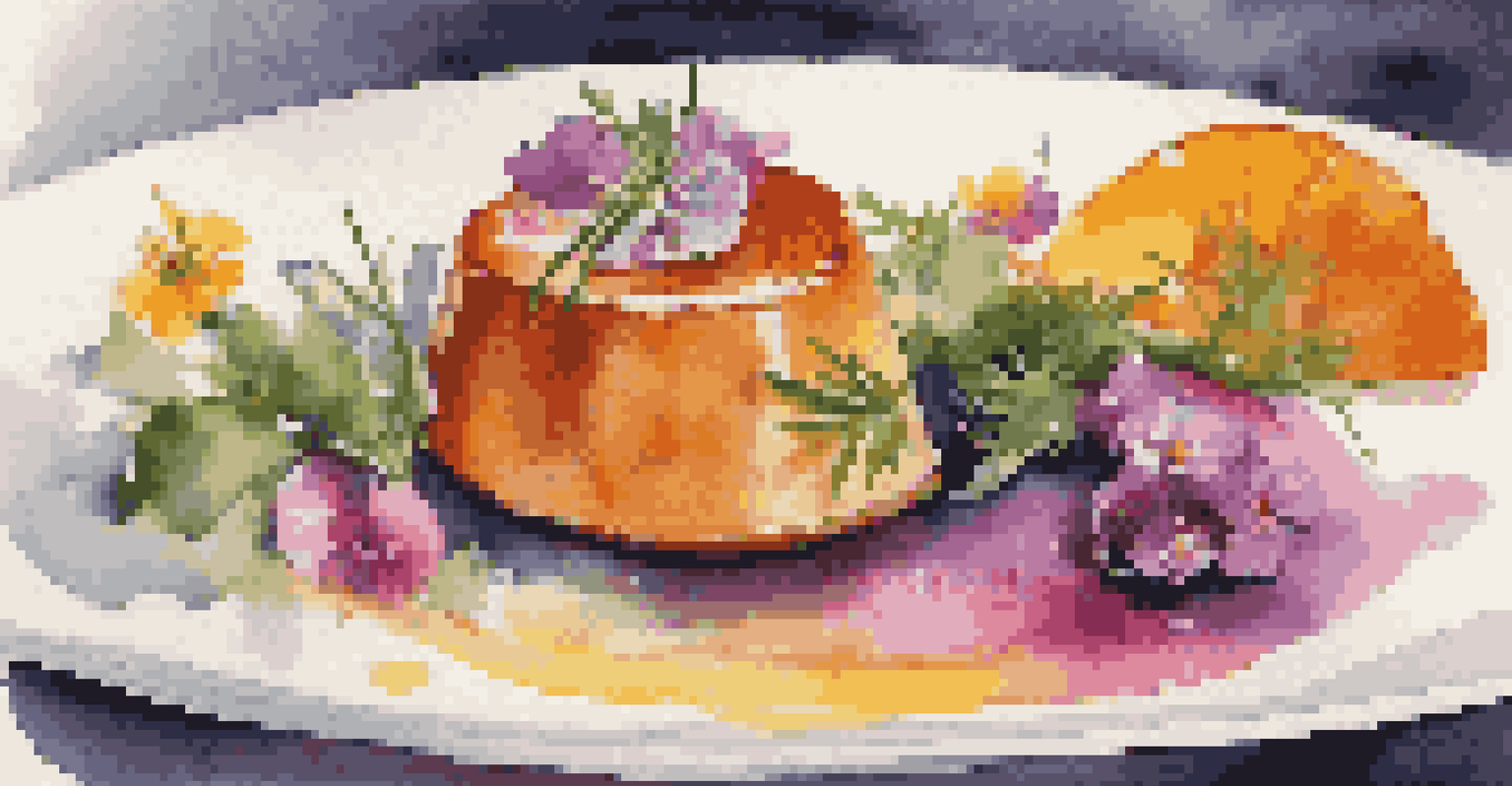 A gourmet dish artfully plated with vibrant colors and fresh herbs in an elegant restaurant setting.
