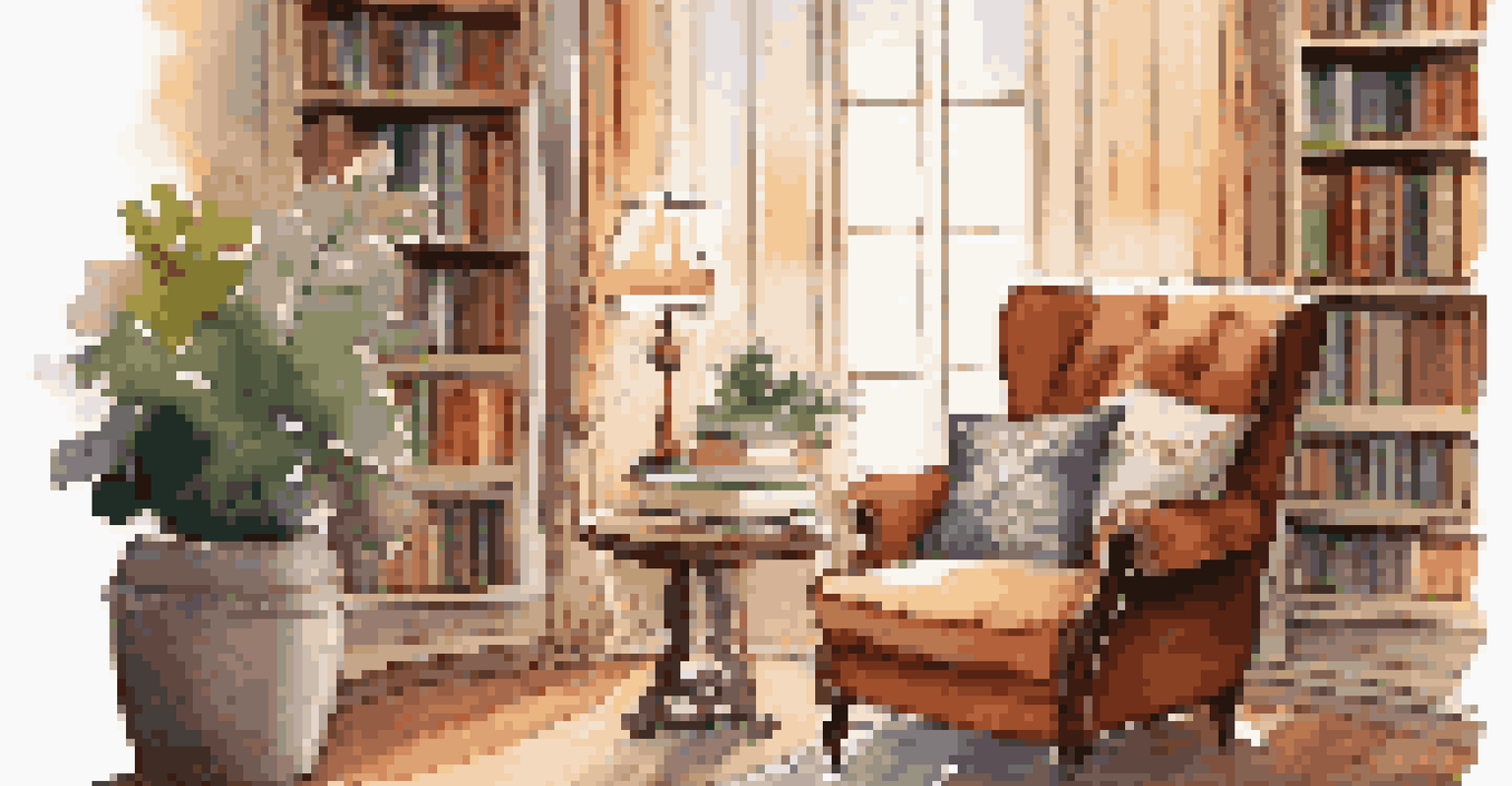 A cozy reading corner in a luxury library with an armchair, side table, and warm lighting.