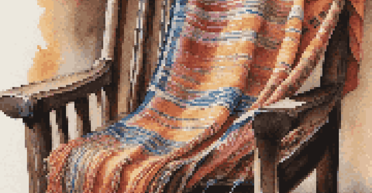 A handwoven textile with intricate patterns displayed on a rustic chair, illuminated by natural light.