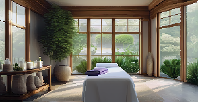 A calming spa treatment room with wooden decor, natural lighting, and lush plants, featuring a massage table and aromatherapy diffusers.