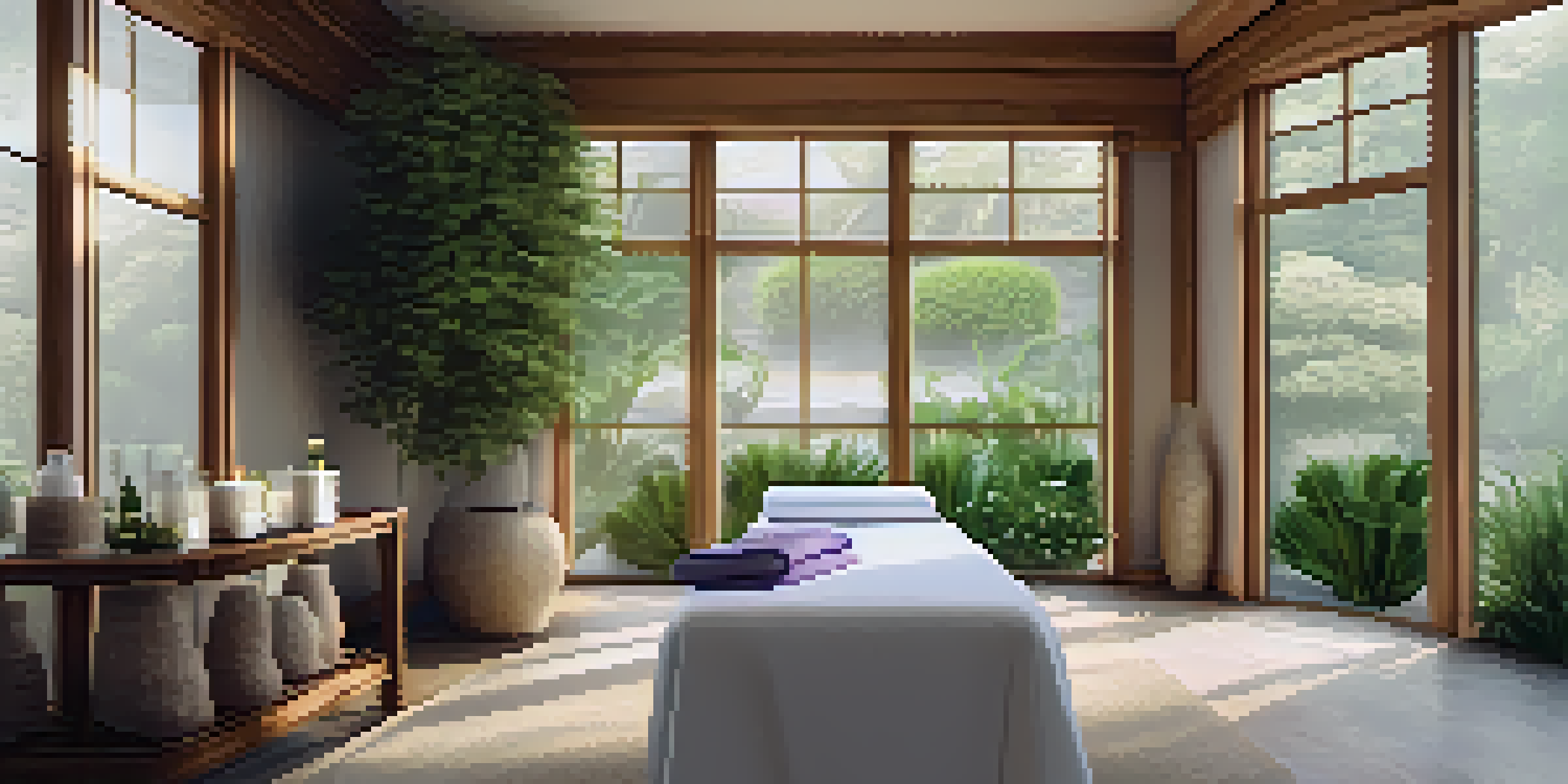 A calming spa treatment room with wooden decor, natural lighting, and lush plants, featuring a massage table and aromatherapy diffusers.