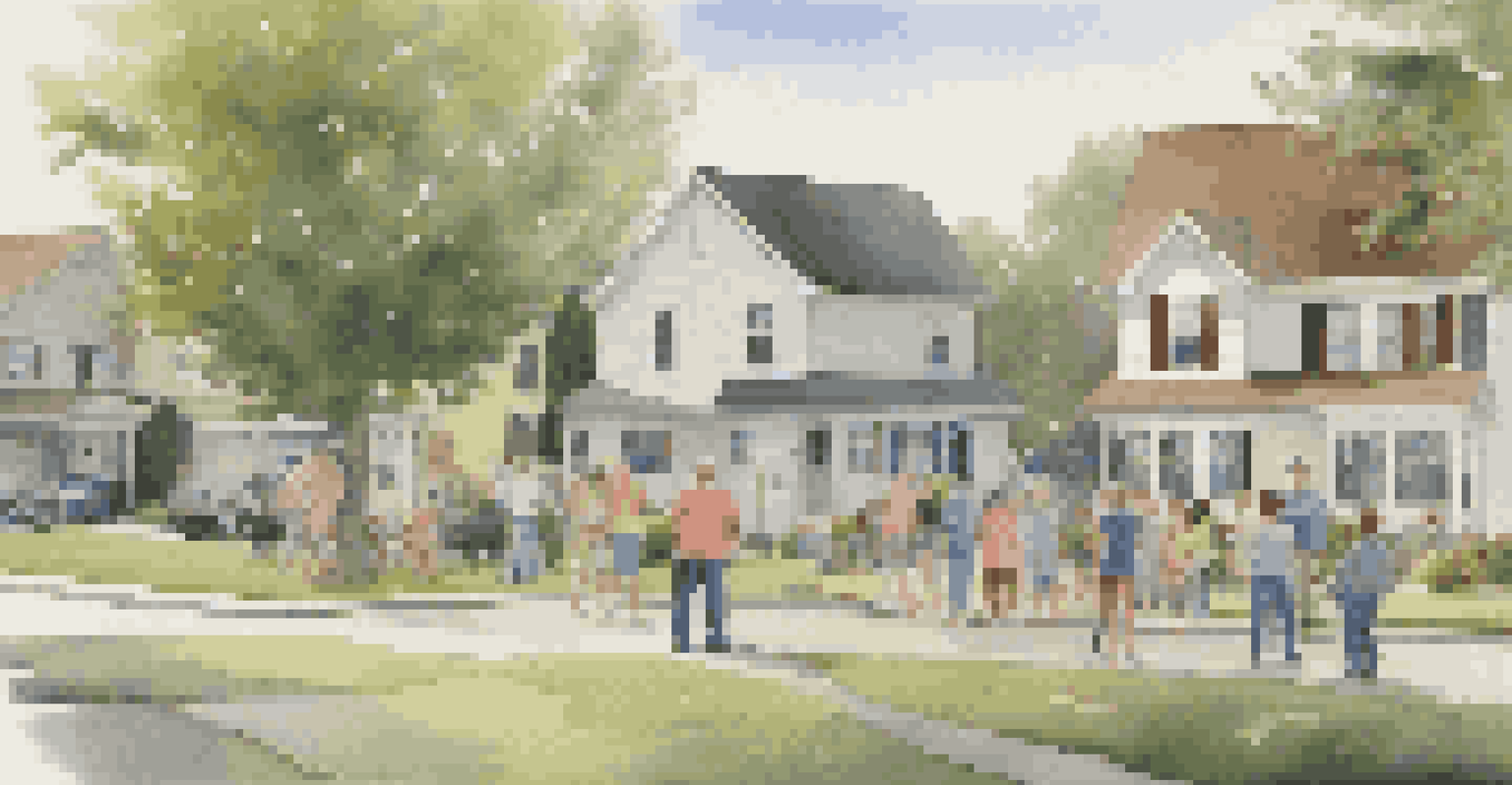 Residents of a neighborhood watch meeting outdoors, discussing security while children play nearby, showcasing community spirit.
