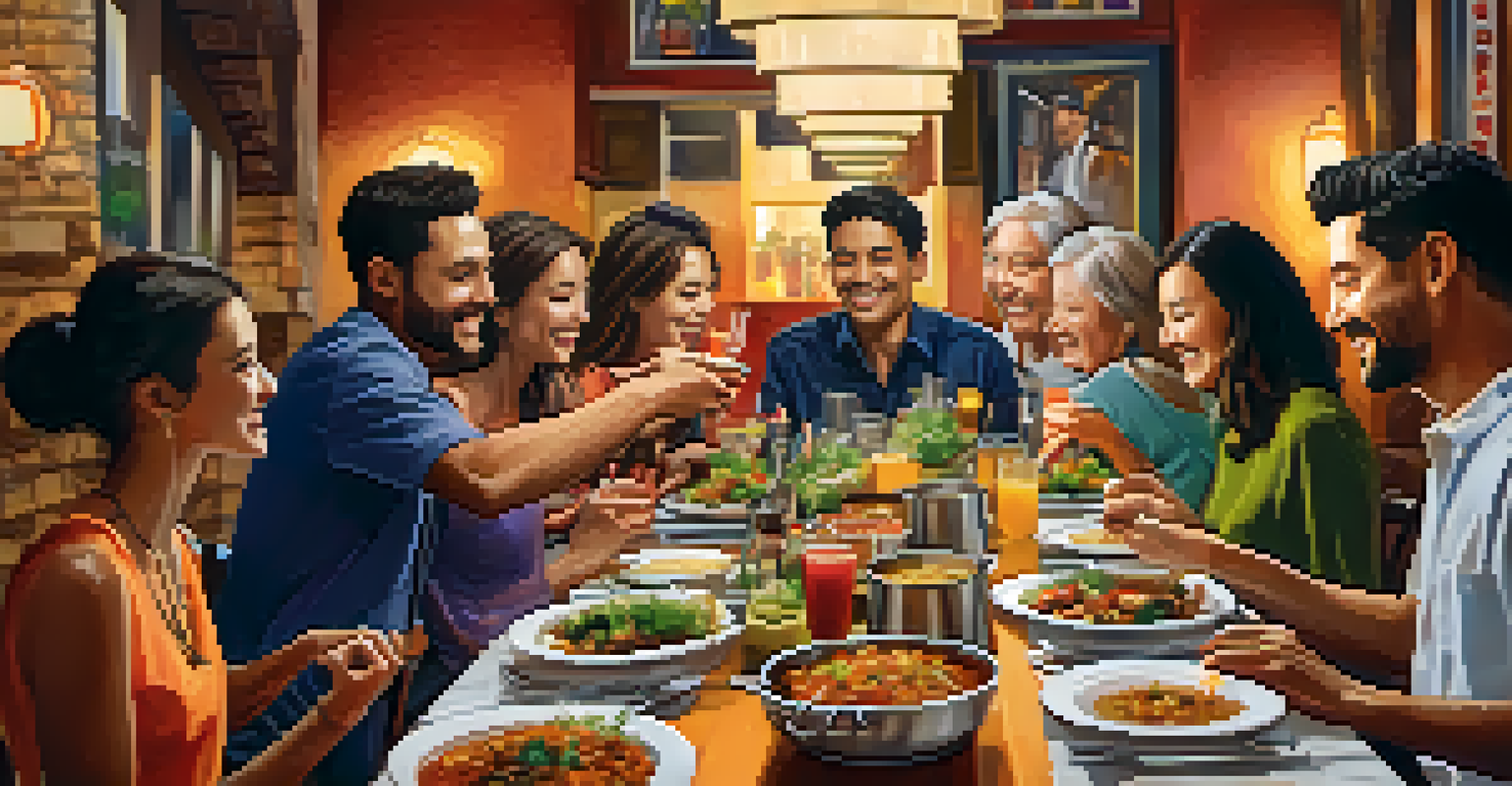 A communal dining table with diverse dishes, diners smiling and sharing food in a warm, inviting atmosphere.