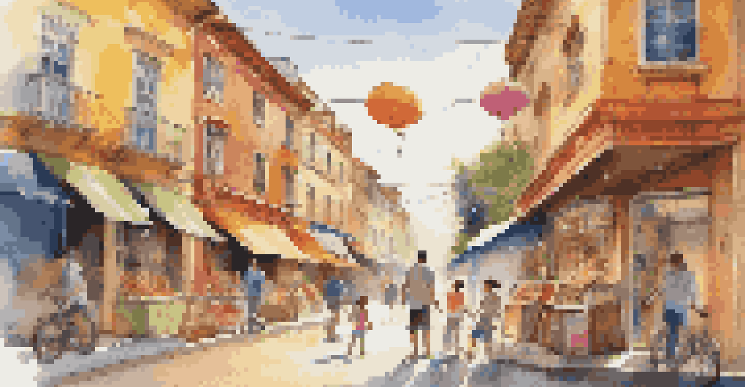 A family exploring a vibrant city street, surrounded by colorful buildings and local shops, showcasing a sense of adventure.