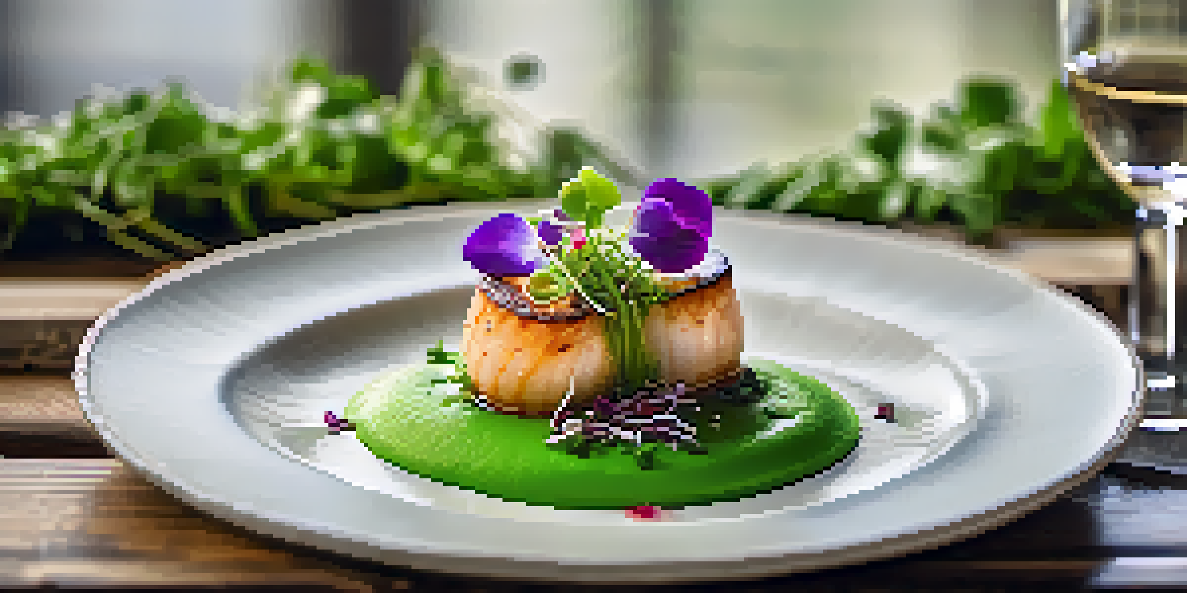 A gourmet dish with seared scallops on green pea puree, garnished with microgreens and edible flowers, presented on a wooden table with natural lighting.