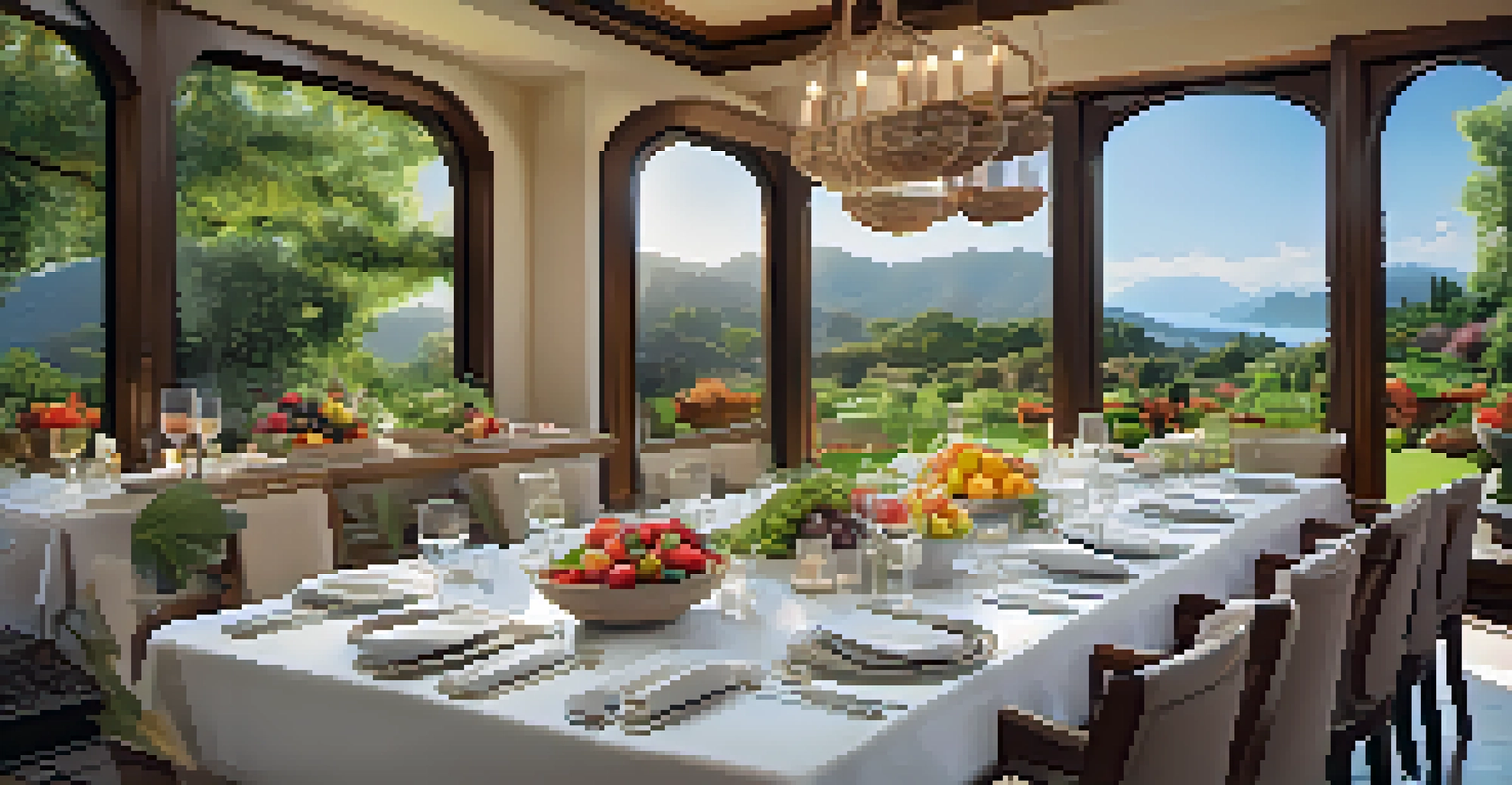 A beautifully arranged outdoor dining table with gourmet meals, surrounded by lush gardens and mountains in the background.