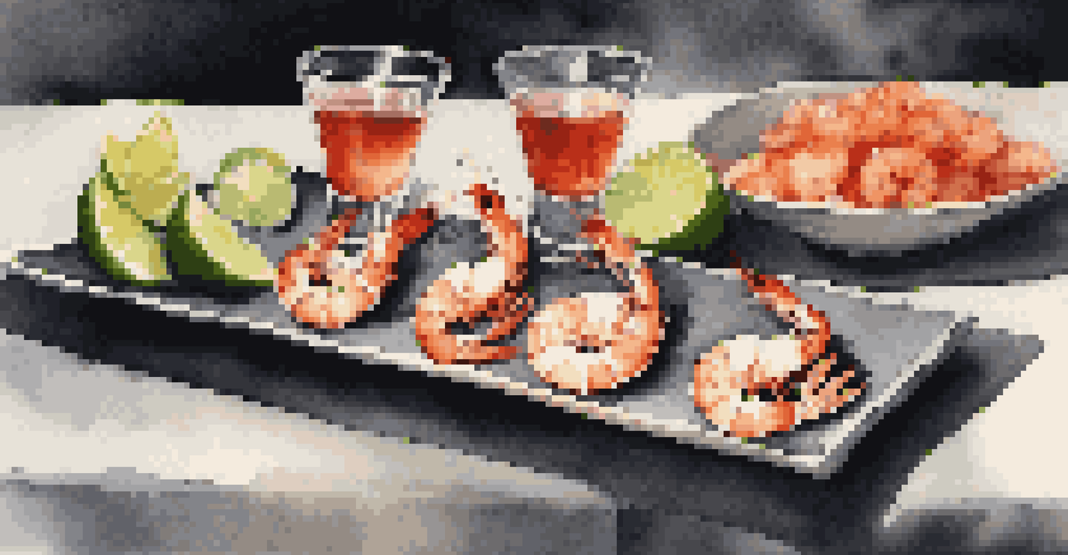 Individual shot glasses of shrimp cocktail garnished with lime slices on a slate board.