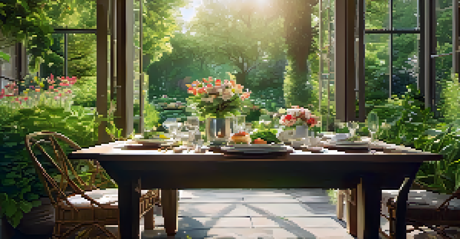An outdoor dining table in a garden surrounded by flowers and greenery, featuring seasonal dishes.