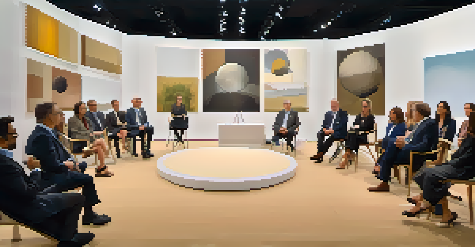 An educational panel discussion at a luxury art fair with speakers and an engaged audience.