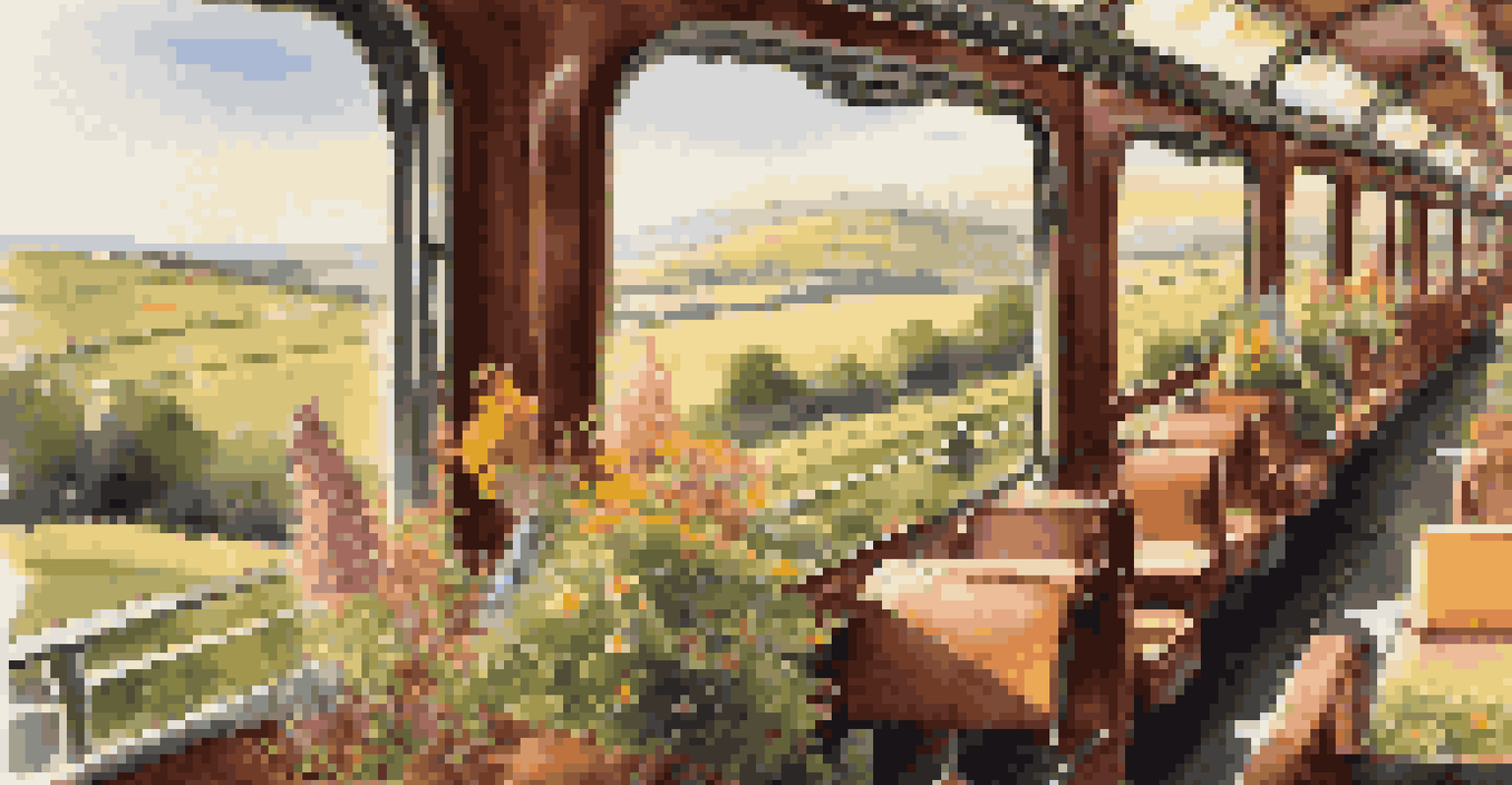 Passengers enjoying a scenic train ride through beautiful landscapes, sipping wine while sunlight pours in through the windows.