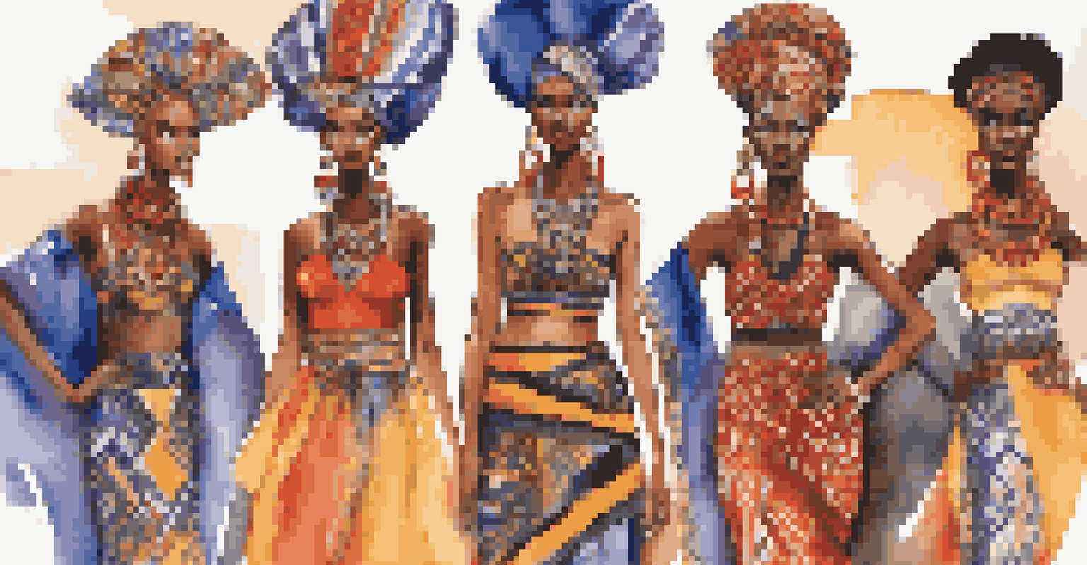 A fashion runway show with diverse models in outfits that blend modern and traditional cultural elements, illuminated by spotlights.