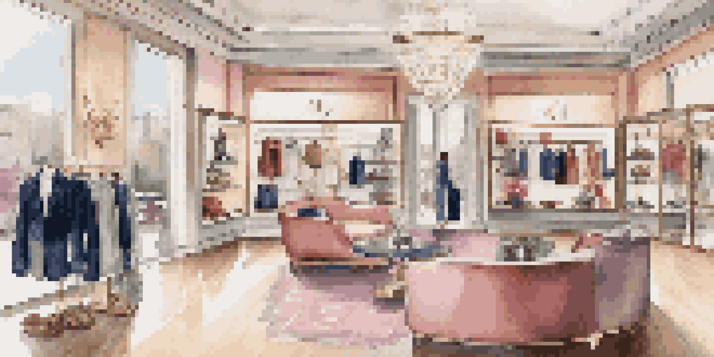 An upscale boutique interior with designer handbags, ambient lighting, and a view of a cityscape through large windows.