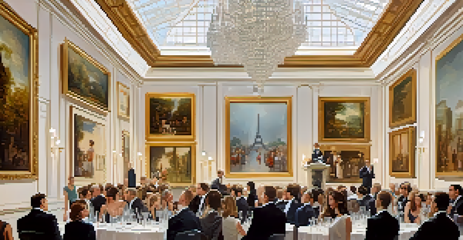 A chic charity auction in a gallery with attendees bidding on artwork, illuminated by soft lighting.