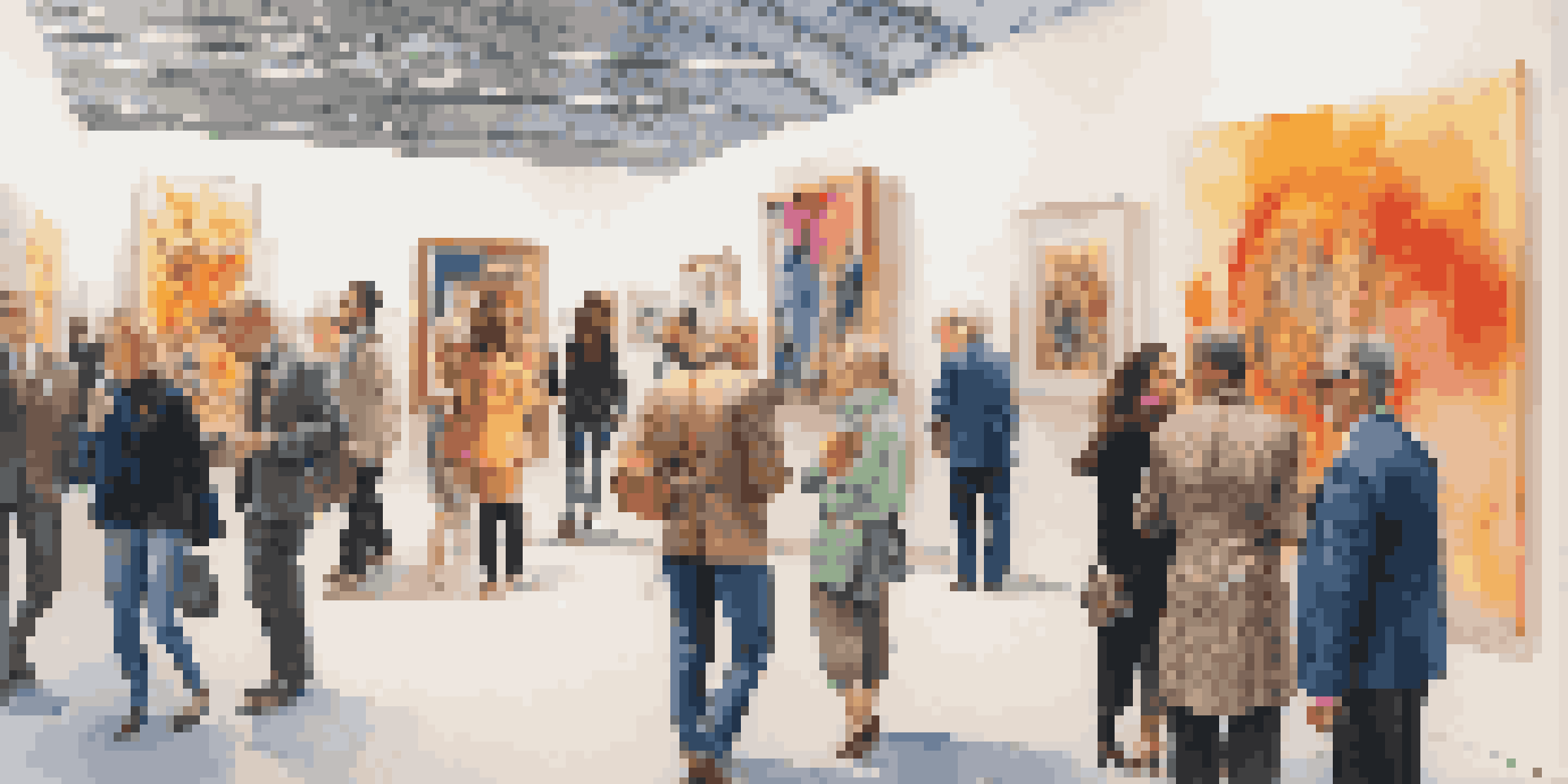 A lively art fair featuring diverse visitors interacting with colorful contemporary art installations and sculptures.