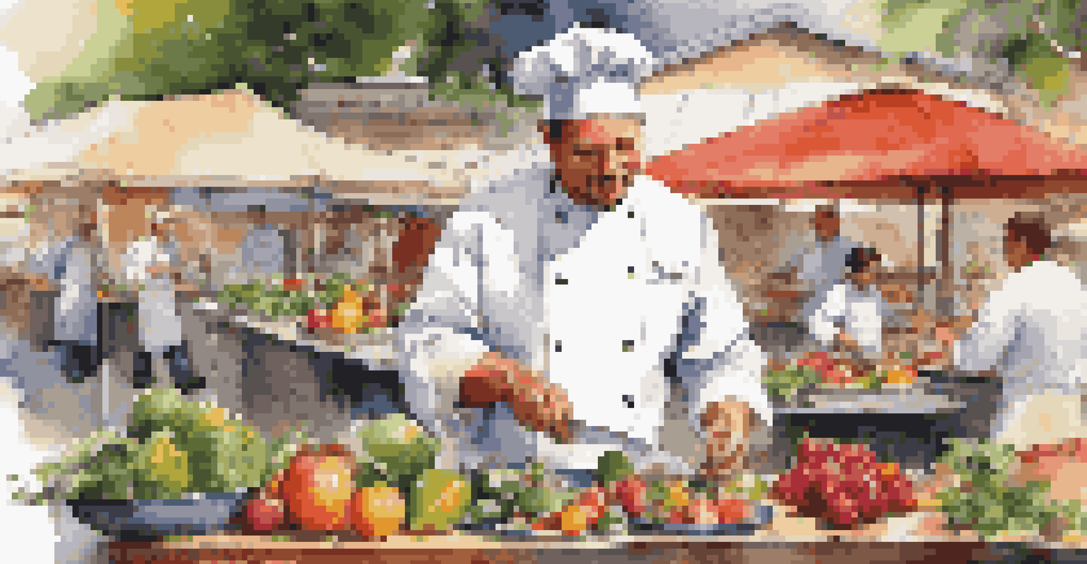 A chef preparing a gourmet dish at an outdoor market, with colorful ingredients and a glass of wine.