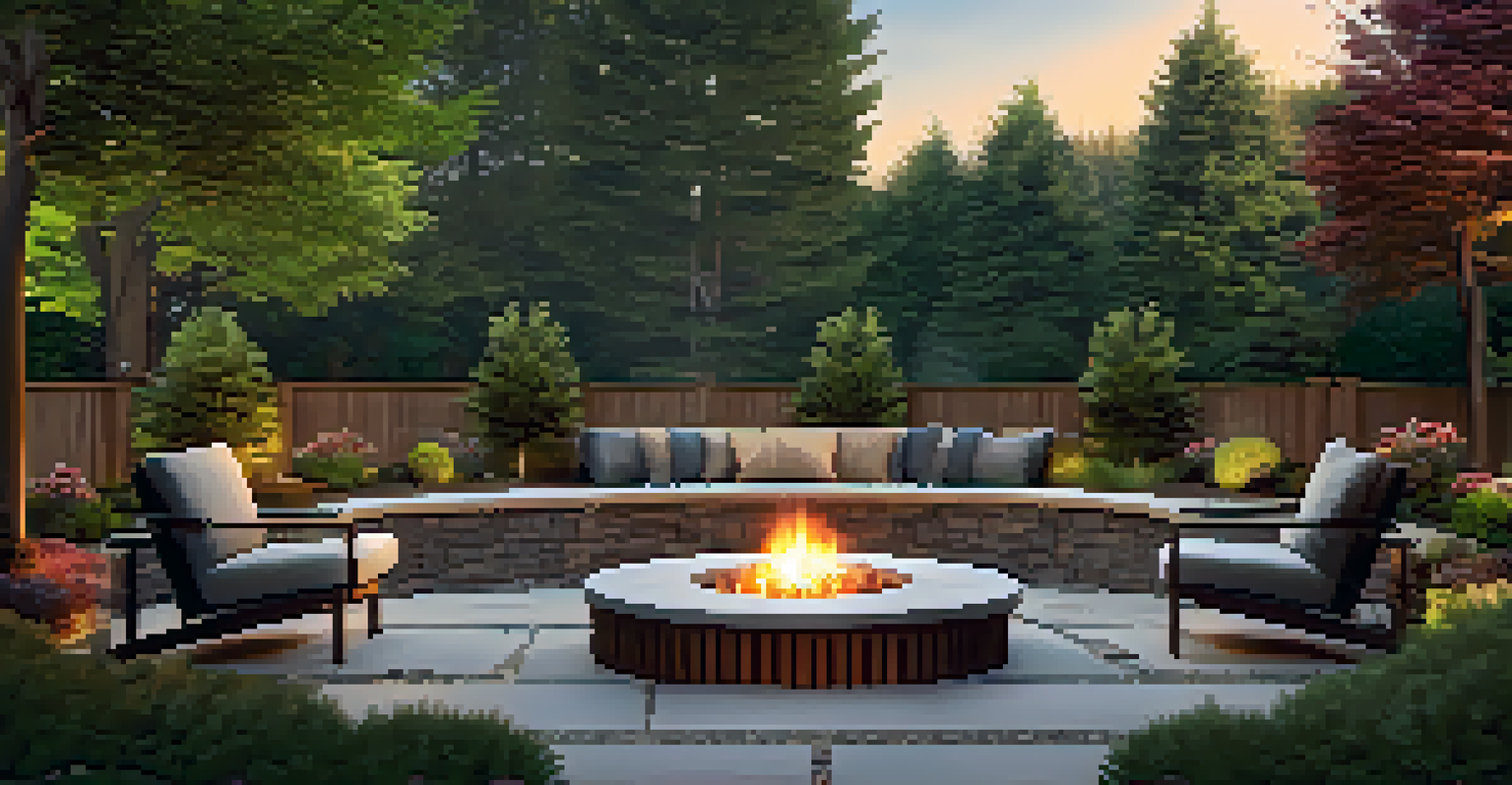 A garden zone with a custom fire pit and comfortable seating, surrounded by vibrant plants and natural stone pathways in soft evening light.