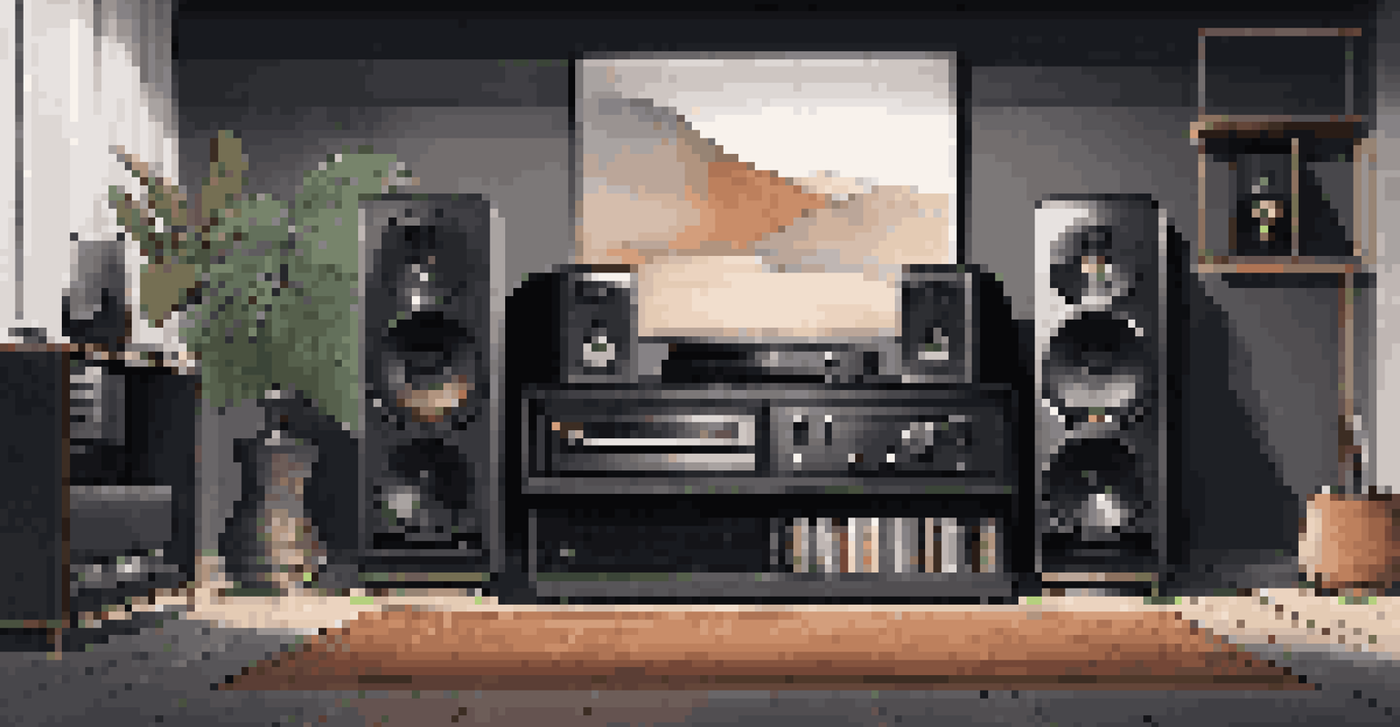 An audiophile's audio setup with high-resolution equipment, wireless speakers, and a vinyl record player in a minimalist, cozy room.