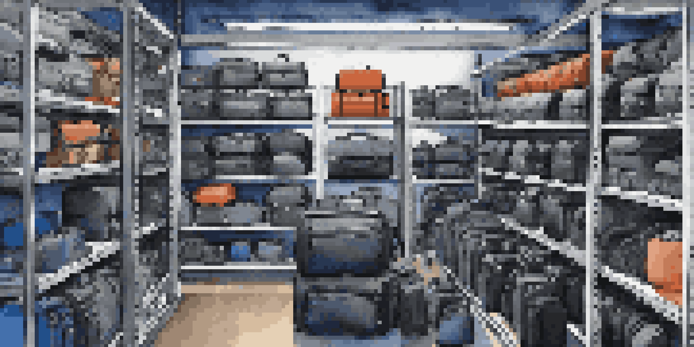 An organized photography gear storage area with padded cases and camera accessories neatly arranged in bright lighting.