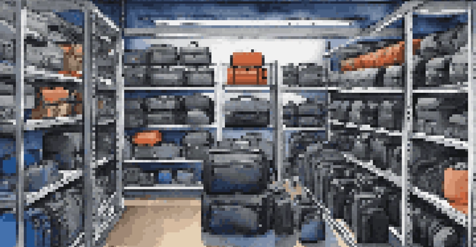 An organized photography gear storage area with padded cases and camera accessories neatly arranged in bright lighting.