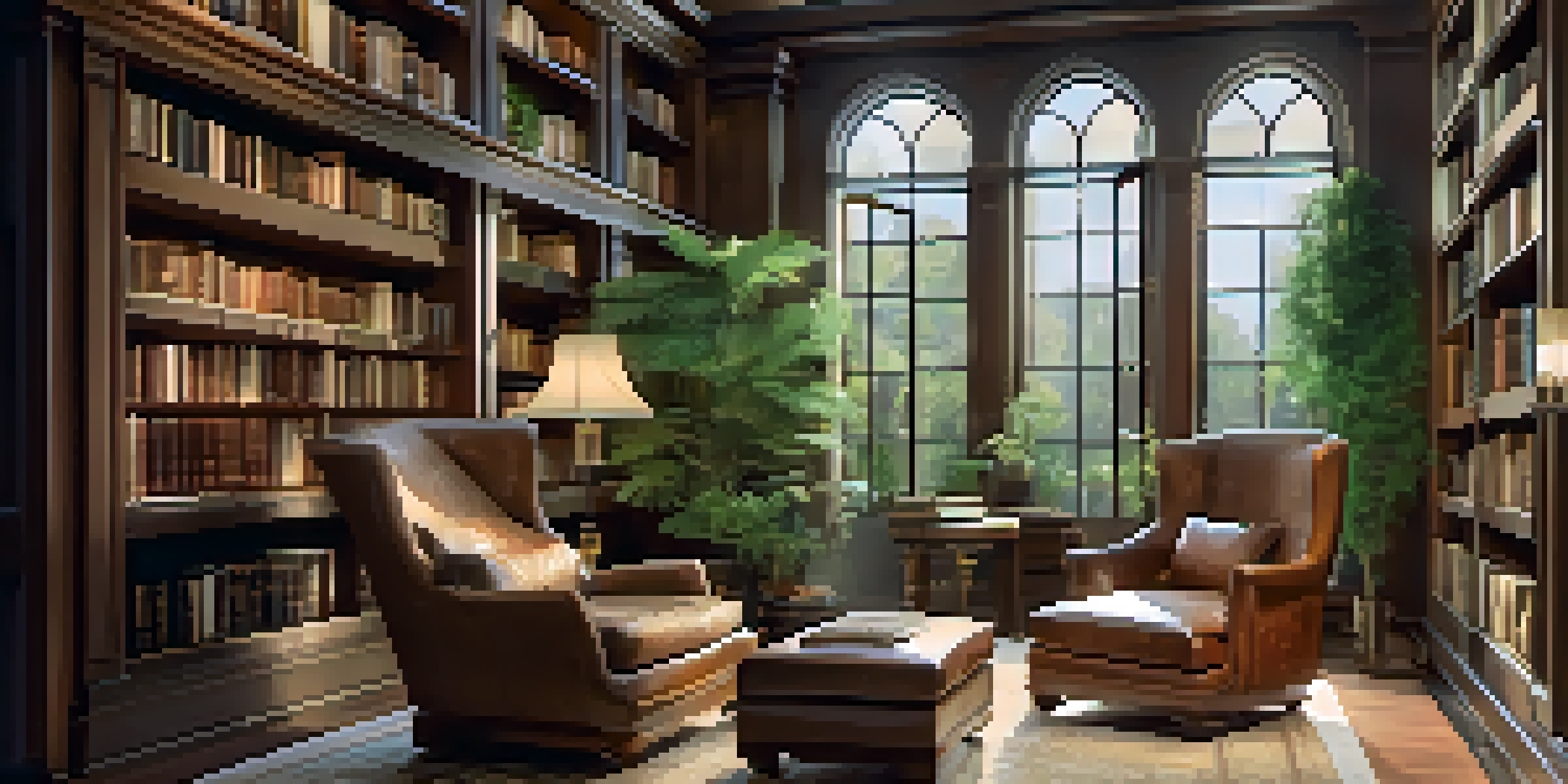 A luxurious home library with large windows, plush armchairs, and a wooden bookshelf filled with leather-bound books, illuminated by soft light and featuring greenery.