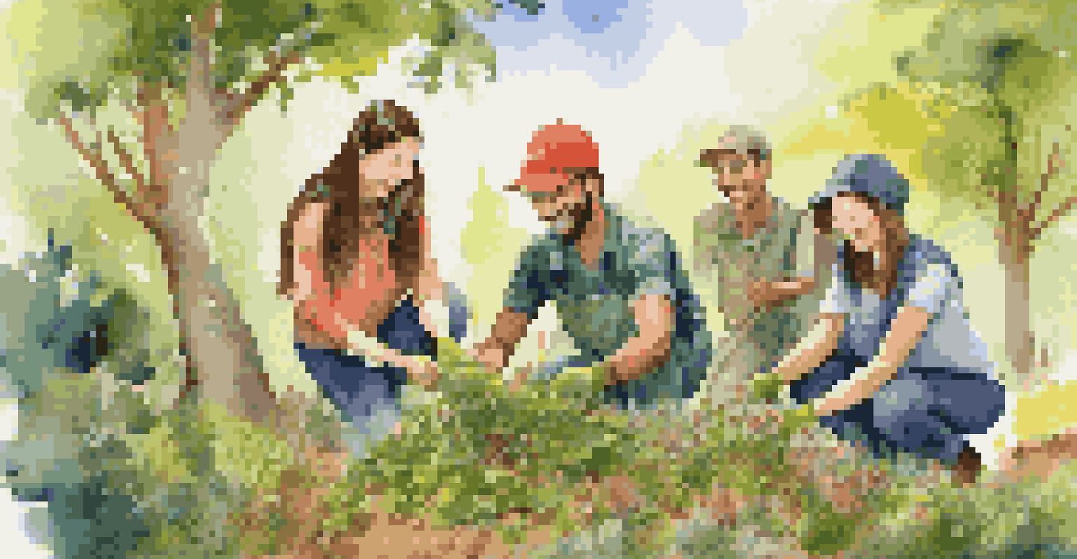 Travelers planting trees in a wildlife conservation project, surrounded by green foliage and colorful flowers, smiling under the sunlight.
