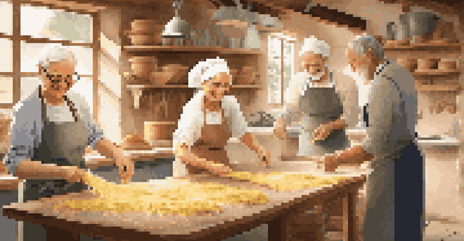 An Italian nonna teaching a small group how to make fresh pasta in a rustic kitchen filled with ingredients.