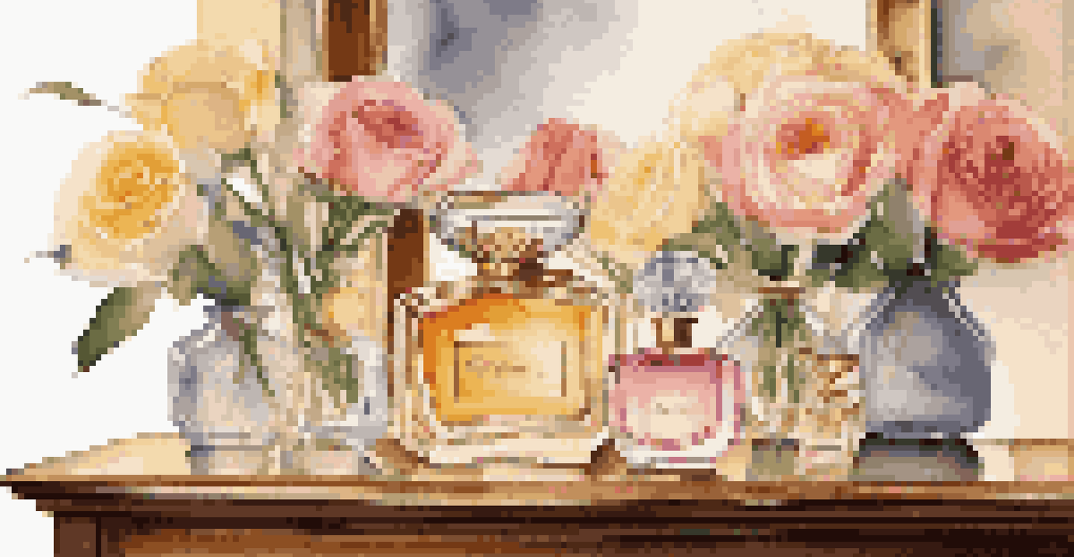 An elegant display of perfume bottles on a wooden dresser with flowers and soft lighting.