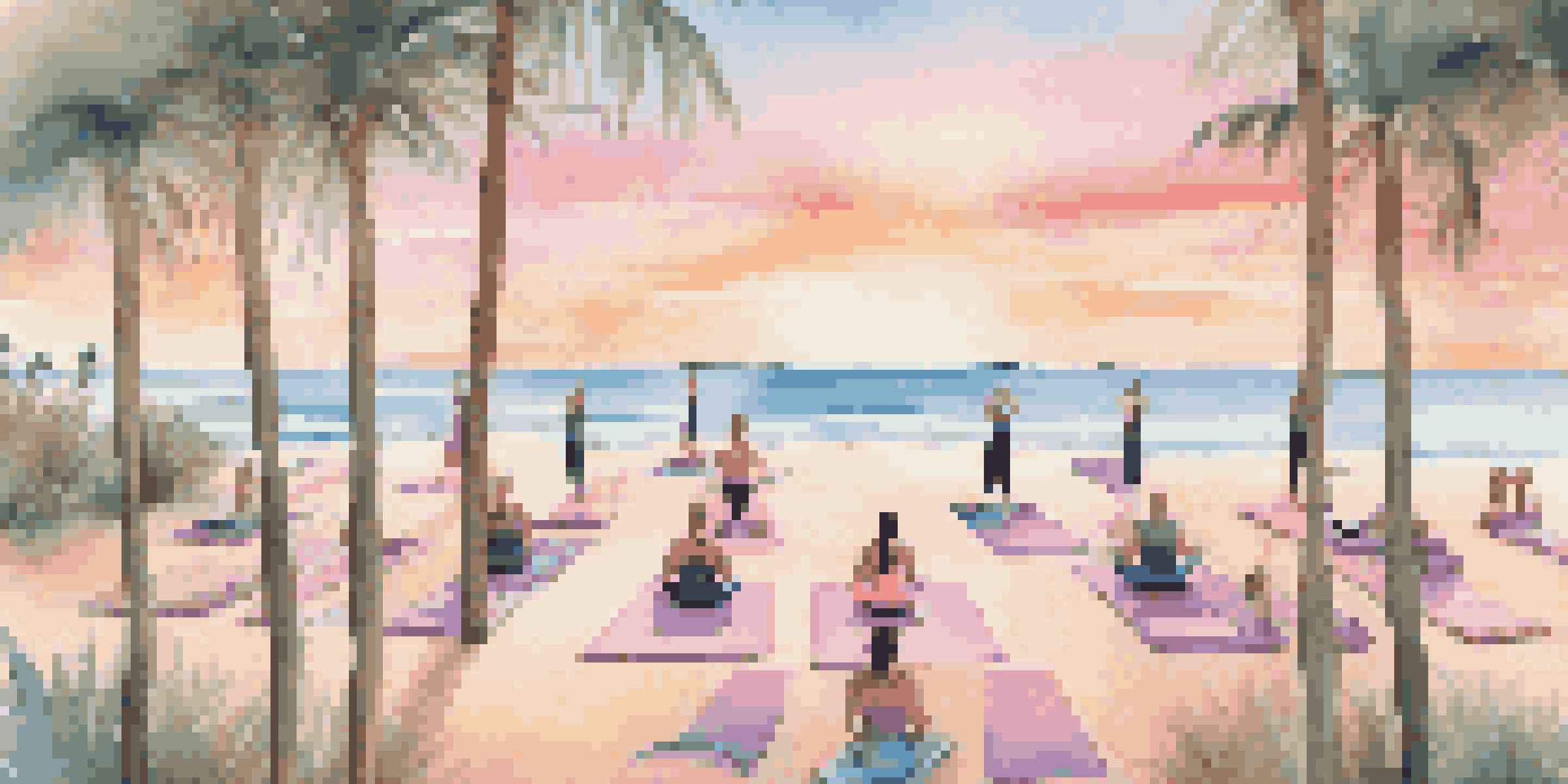 A peaceful beach scene at sunrise with people practicing yoga on mats, surrounded by palm trees and the ocean.