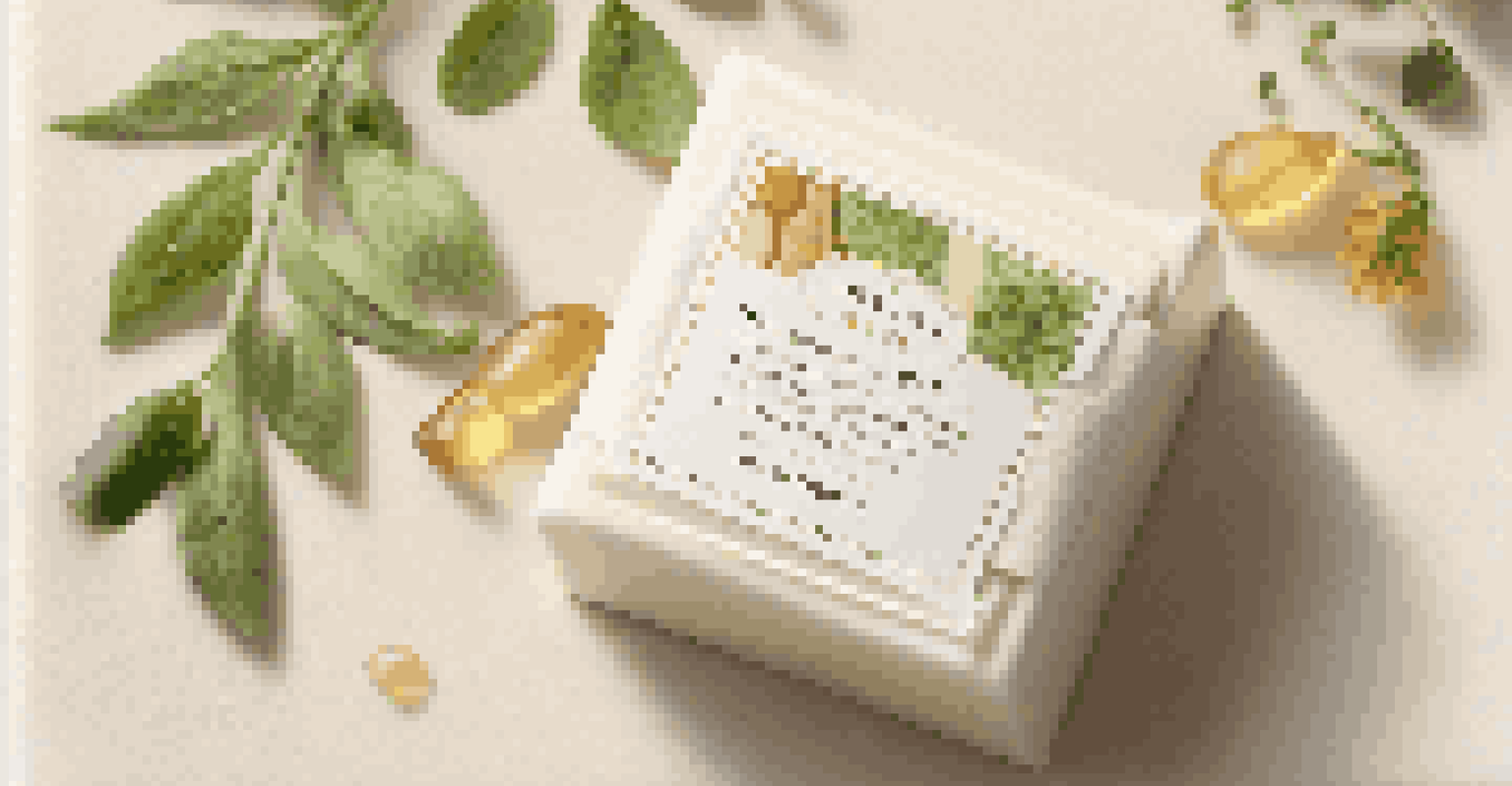 A close-up view of an open ingredient list on luxury soap packaging surrounded by fresh herbs and natural ingredients.