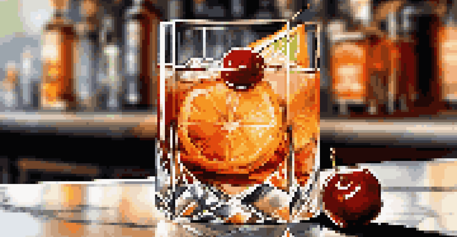 A close-up of a classic Old Fashioned cocktail in a crystal glass, garnished with an orange slice and cherry, on a marble countertop with a blurred bar background.