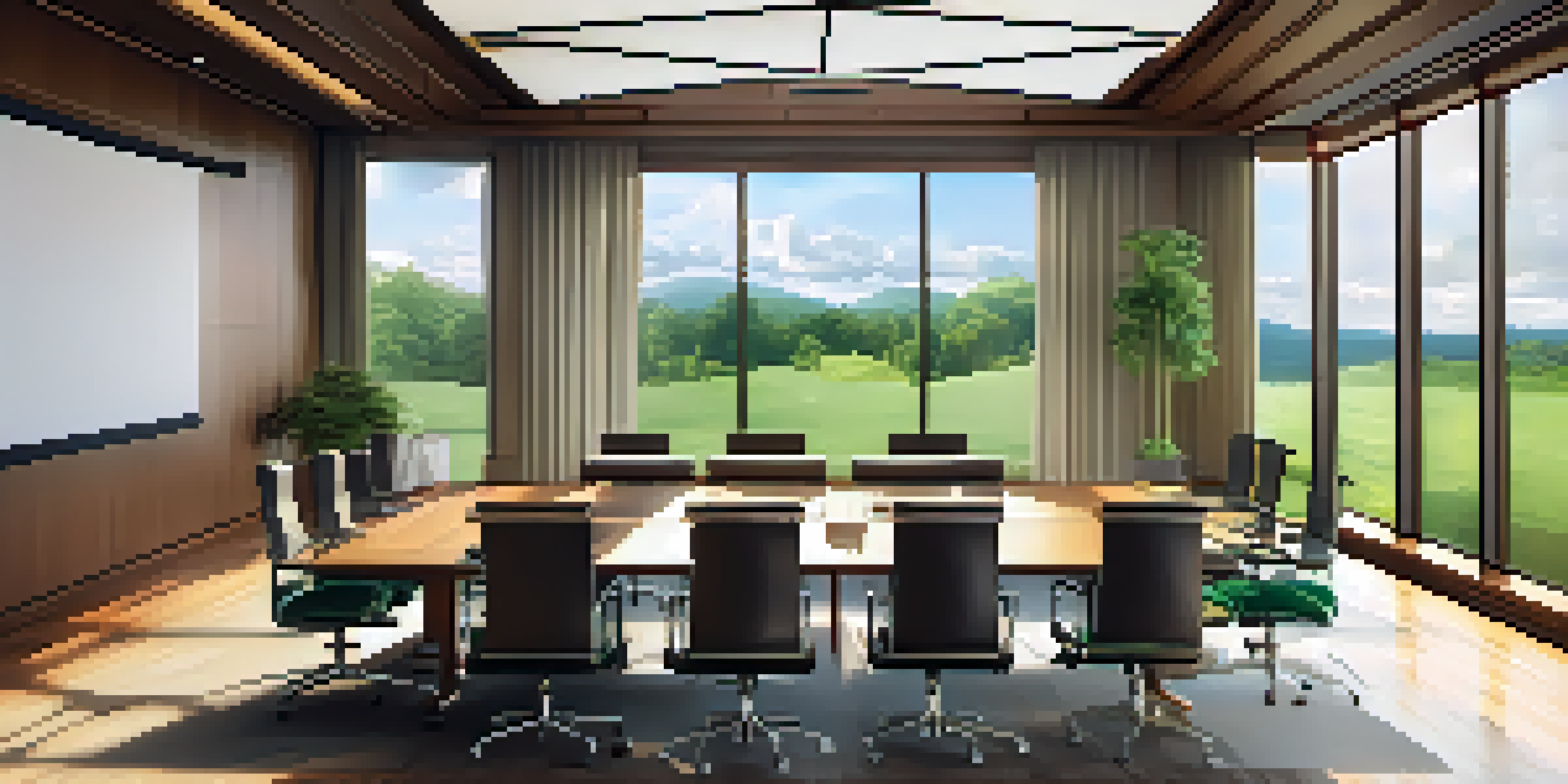A modern conference room at a luxury business retreat with large windows and a view of greenery, adorned with comfortable seating and a projector screen.
