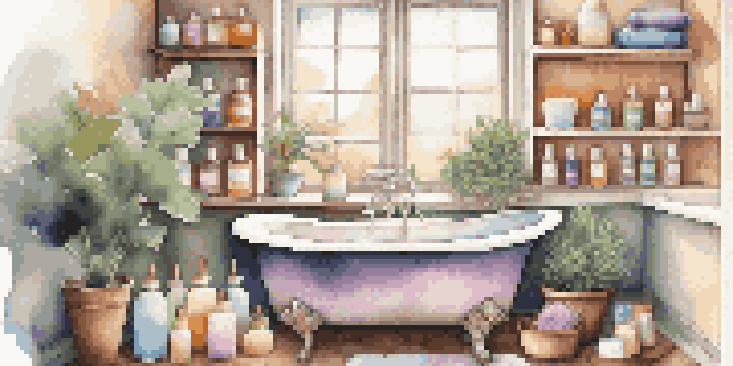 A tranquil bathroom with a filled bathtub, colorful bath bombs, and potted plants, illuminated by soft natural light.