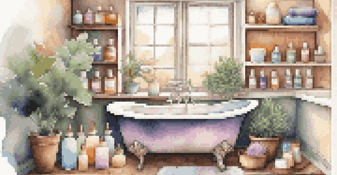 A tranquil bathroom with a filled bathtub, colorful bath bombs, and potted plants, illuminated by soft natural light.