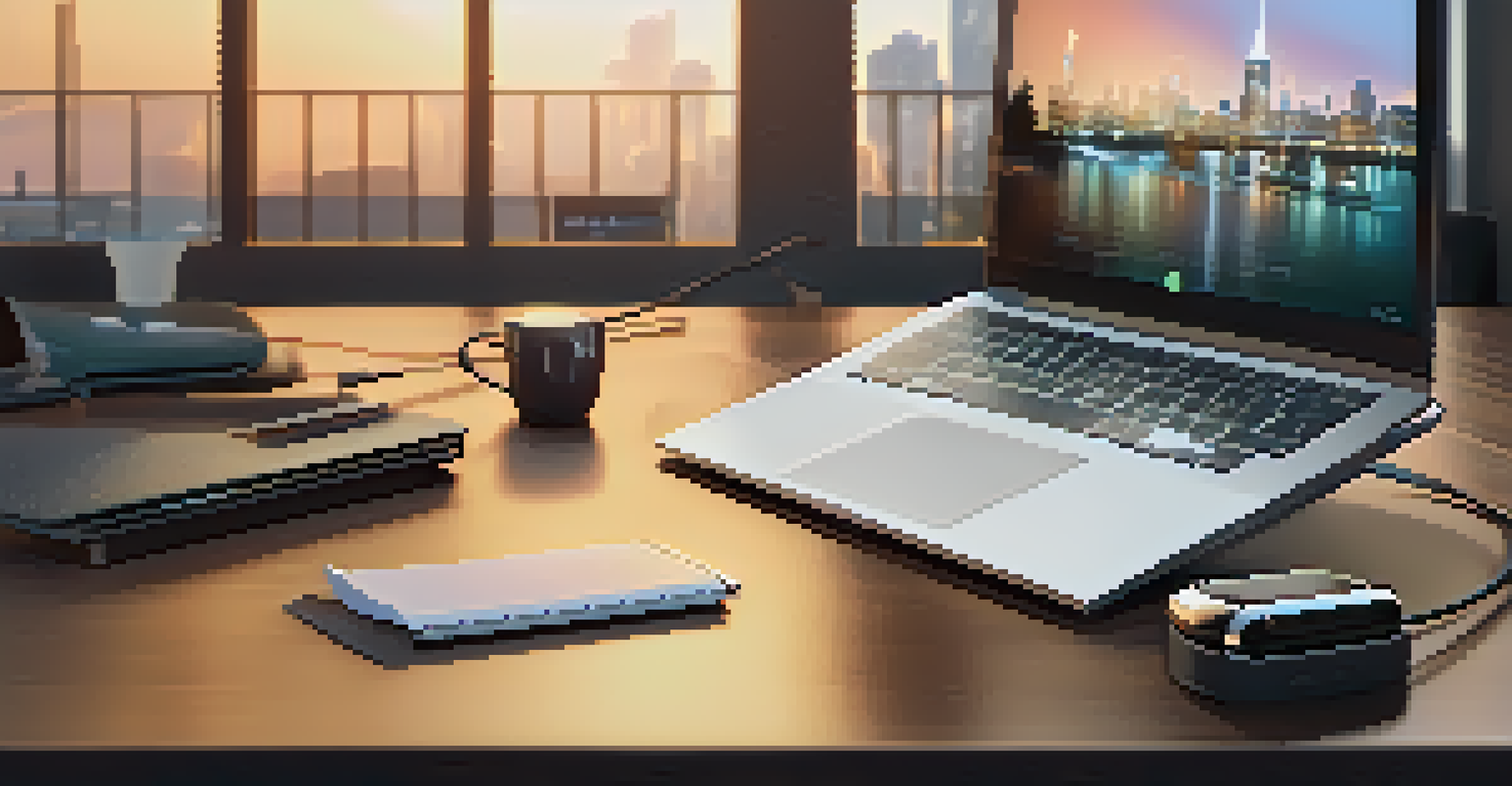 A luxury fitness tracker on a wooden desk, next to a laptop and notebook, illuminated by a desk lamp.