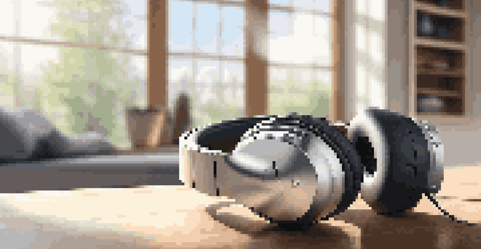 High-quality noise-canceling headphones on a wooden table with a blurred modern living space in the background.