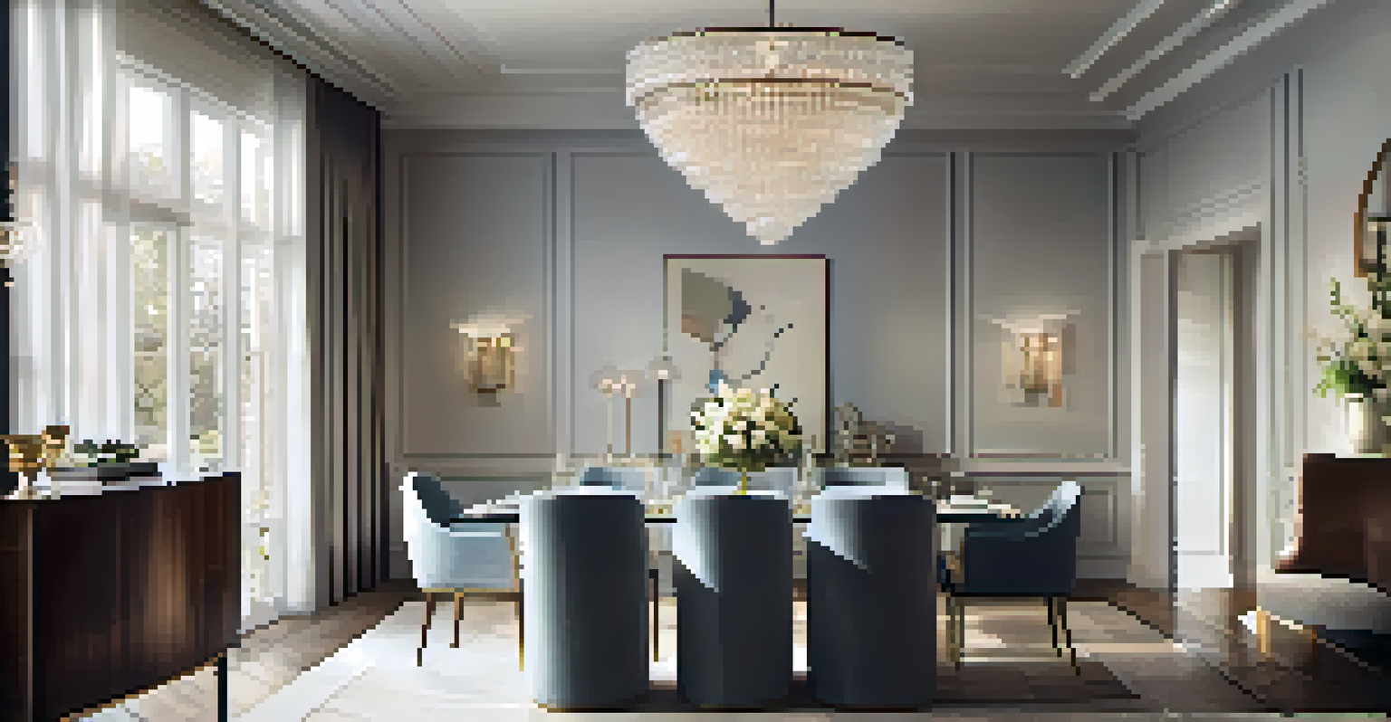 A dining room featuring a sculptural chair as a focal point, complemented by an elegant chandelier and soft lighting.