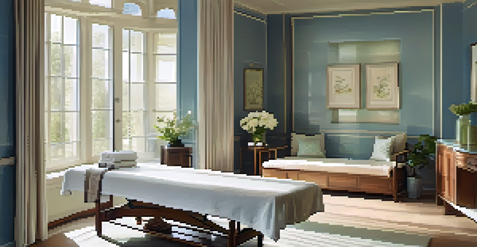 A luxurious spa room with a massage table and calming decor, filled with natural light.