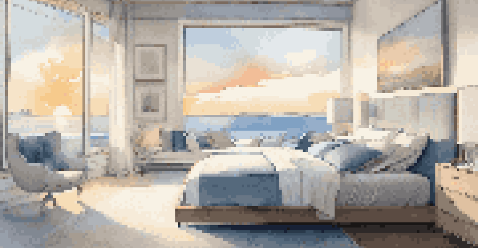 A tranquil bedroom with a smart bed and soft lighting, featuring a scenic sunrise view through large windows.