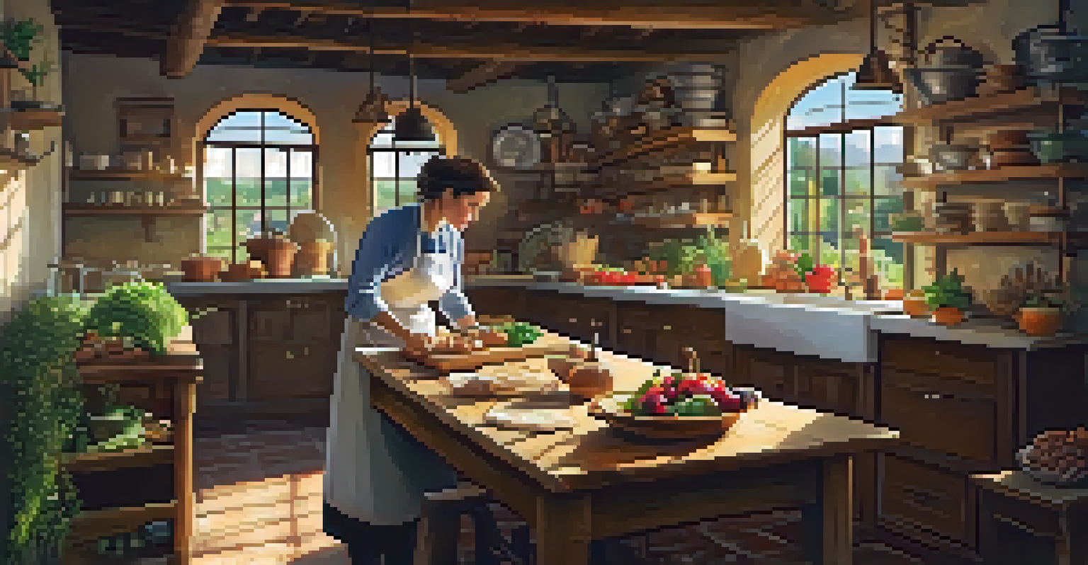 A local chef teaching a cooking class in a rustic Italian kitchen filled with fresh ingredients.