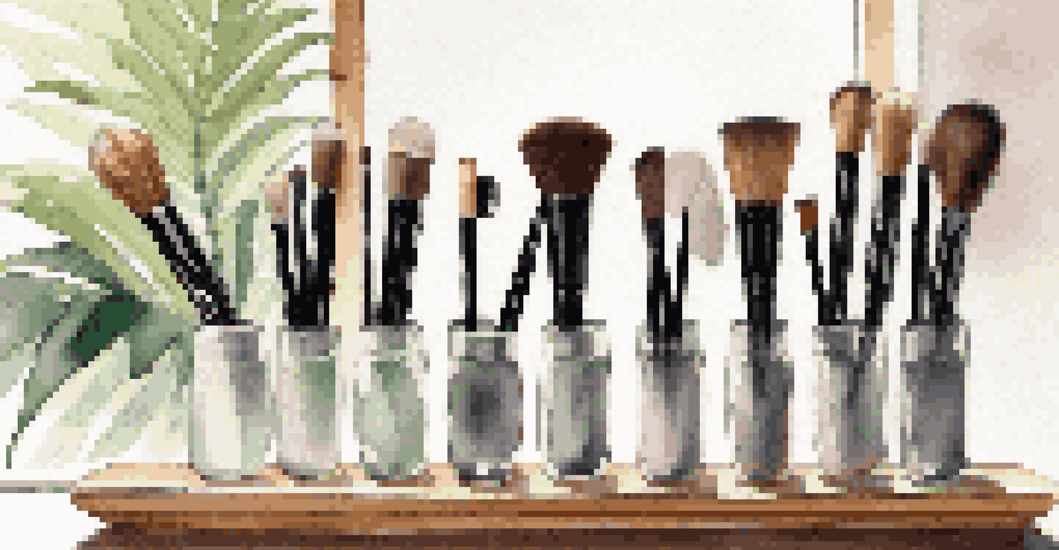 A beautiful arrangement of luxury makeup brushes on a wooden vanity, illuminated by natural light with greenery in the background.