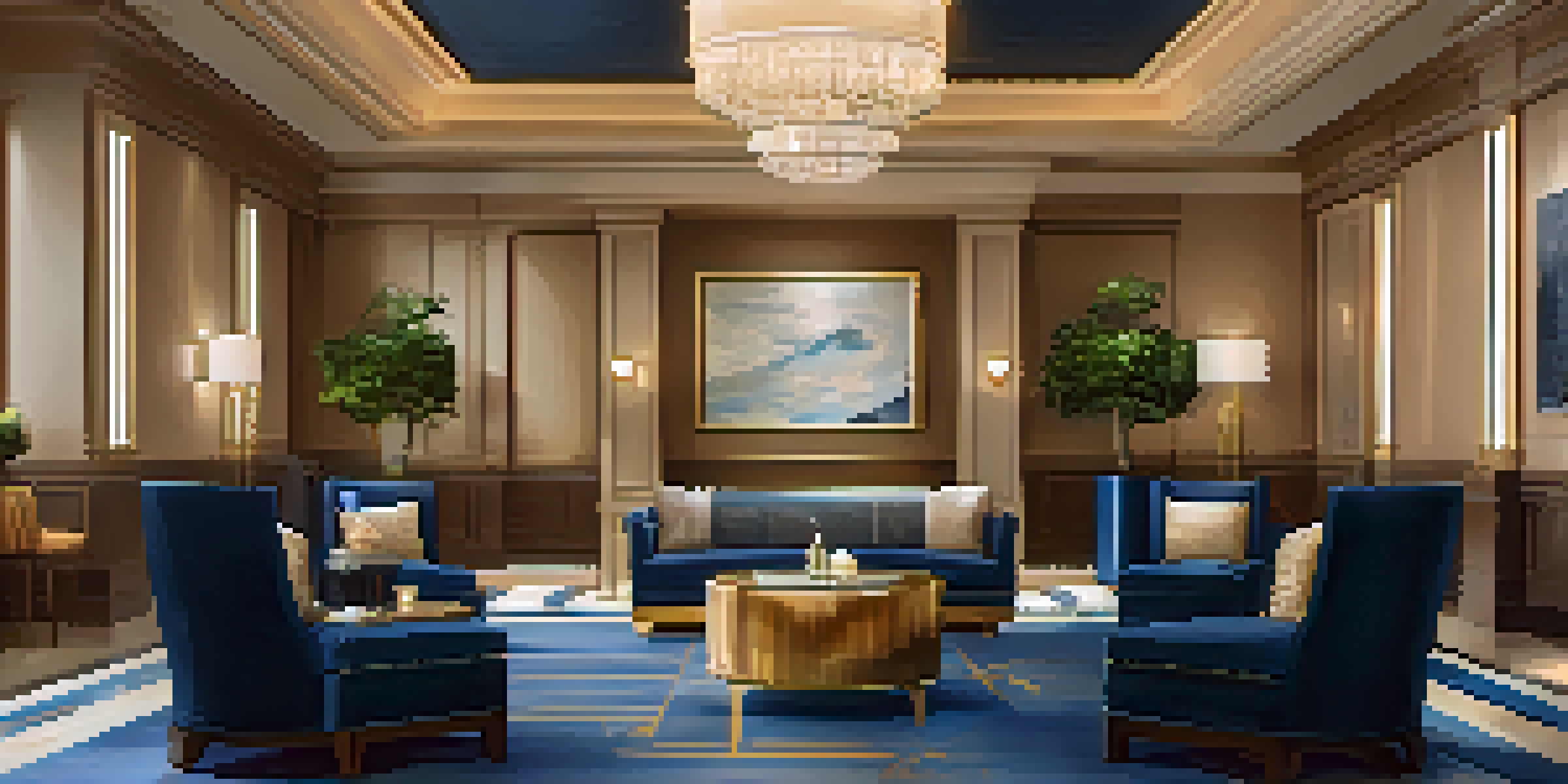 A luxurious hotel lobby with warm lighting and elegant furnishings, showcasing personalized touches for guests.