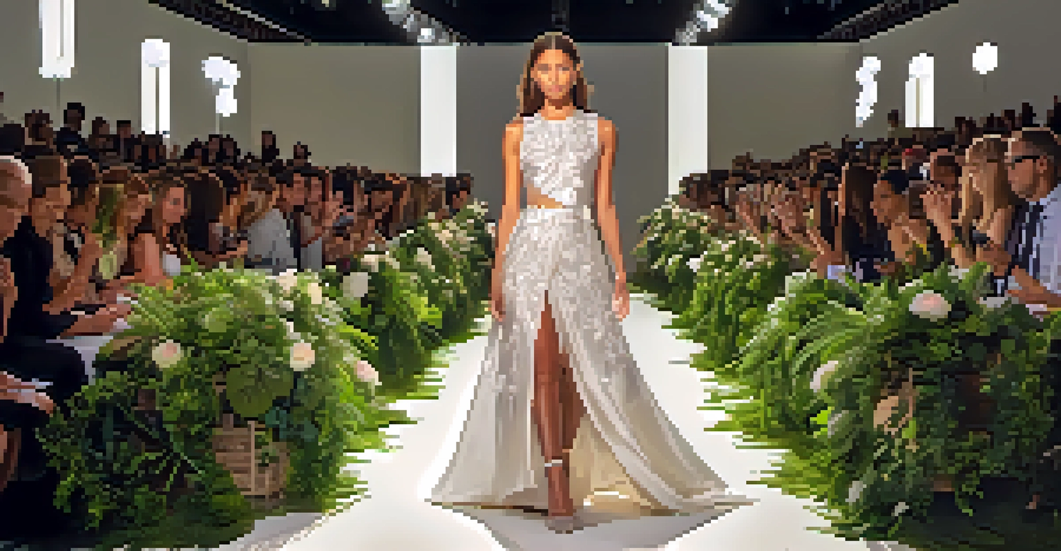 A model walking the runway in a sustainable luxury dress surrounded by greenery.