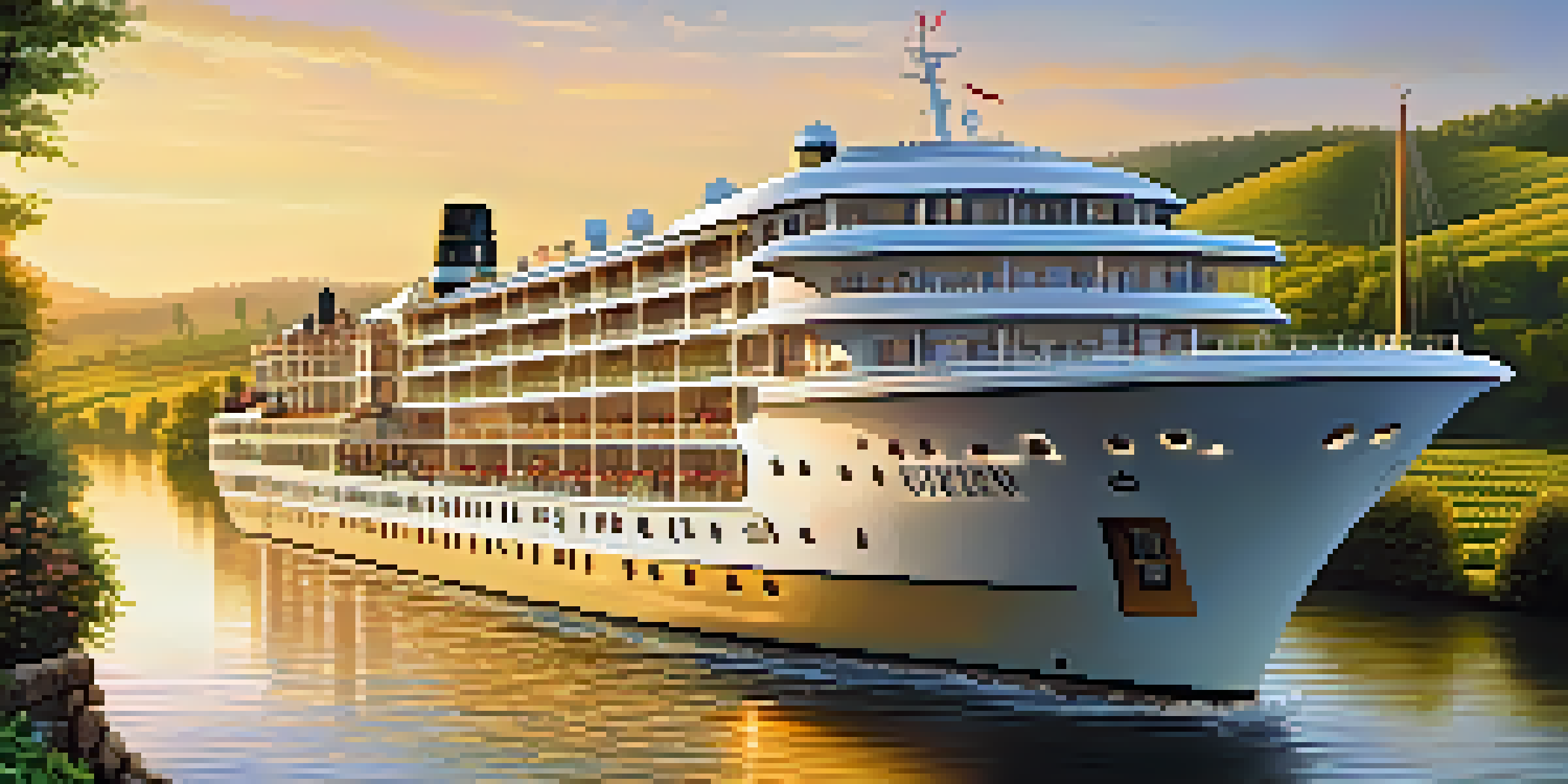 A river cruise ship sailing through a beautiful landscape with vineyards and villages, featuring guests dining on the deck during sunset.