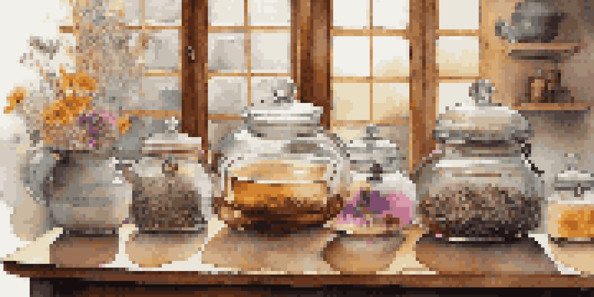 A beautifully arranged tea blending station with various loose-leaf teas and herbs, a teapot, and a steaming cup of tea, illuminated by soft natural light.
