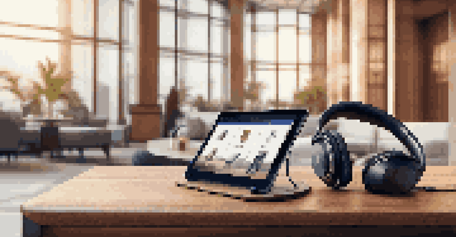 A modern travel tech setup with a tablet, headphones, and power bank on a wooden table, set in a luxurious hotel lobby.